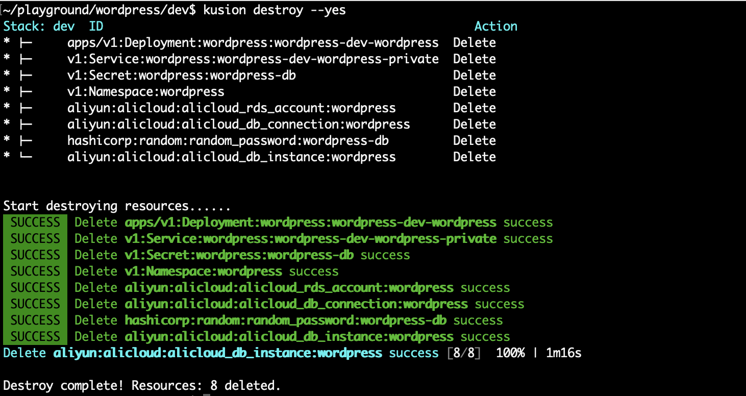 kusion destroy wordpress with alicloud rds